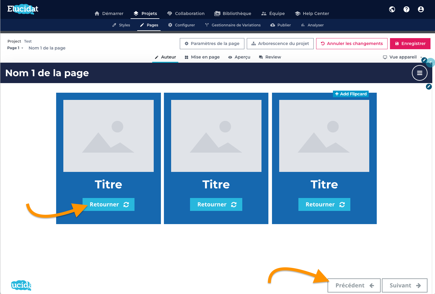 Author, arrows pointing to French text in Flipcards and Next and Previous buttons.png