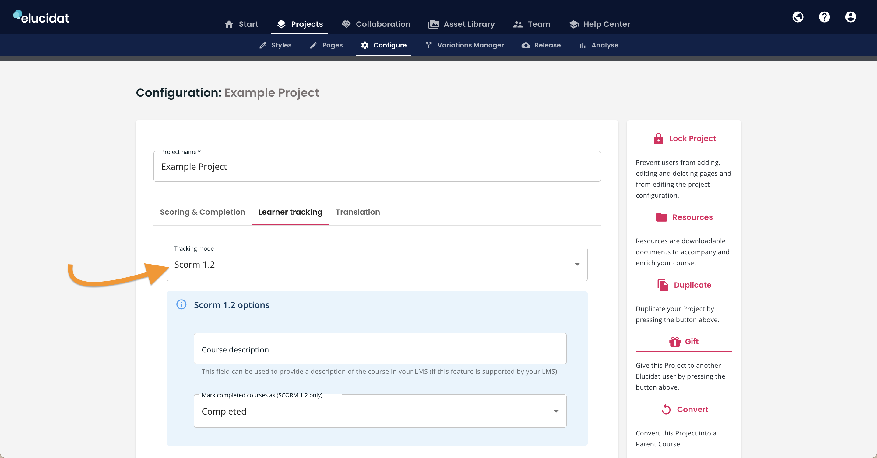 Author, Configure, Learner tracking, arrow pointing to Tracking mode drop down showing SCORM 1.2.png