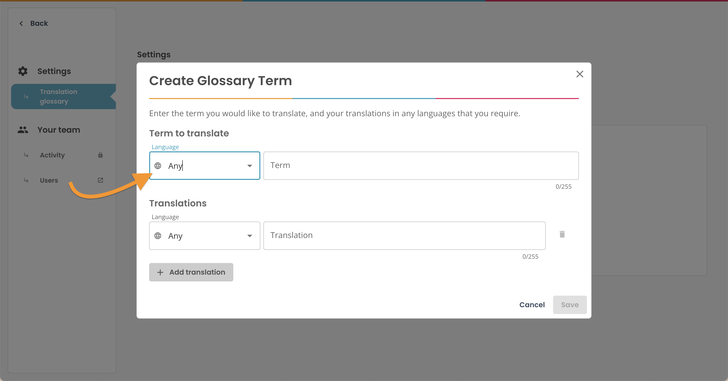 Translation Glossary, arrow pointing to Term to translate language modal, set to All.png