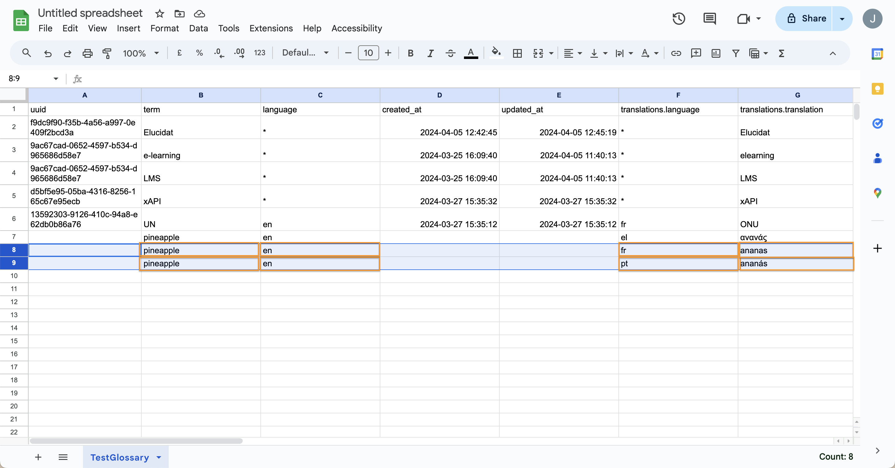 Translatiion Glossary new multiple translations for same term in Google Sheets.png