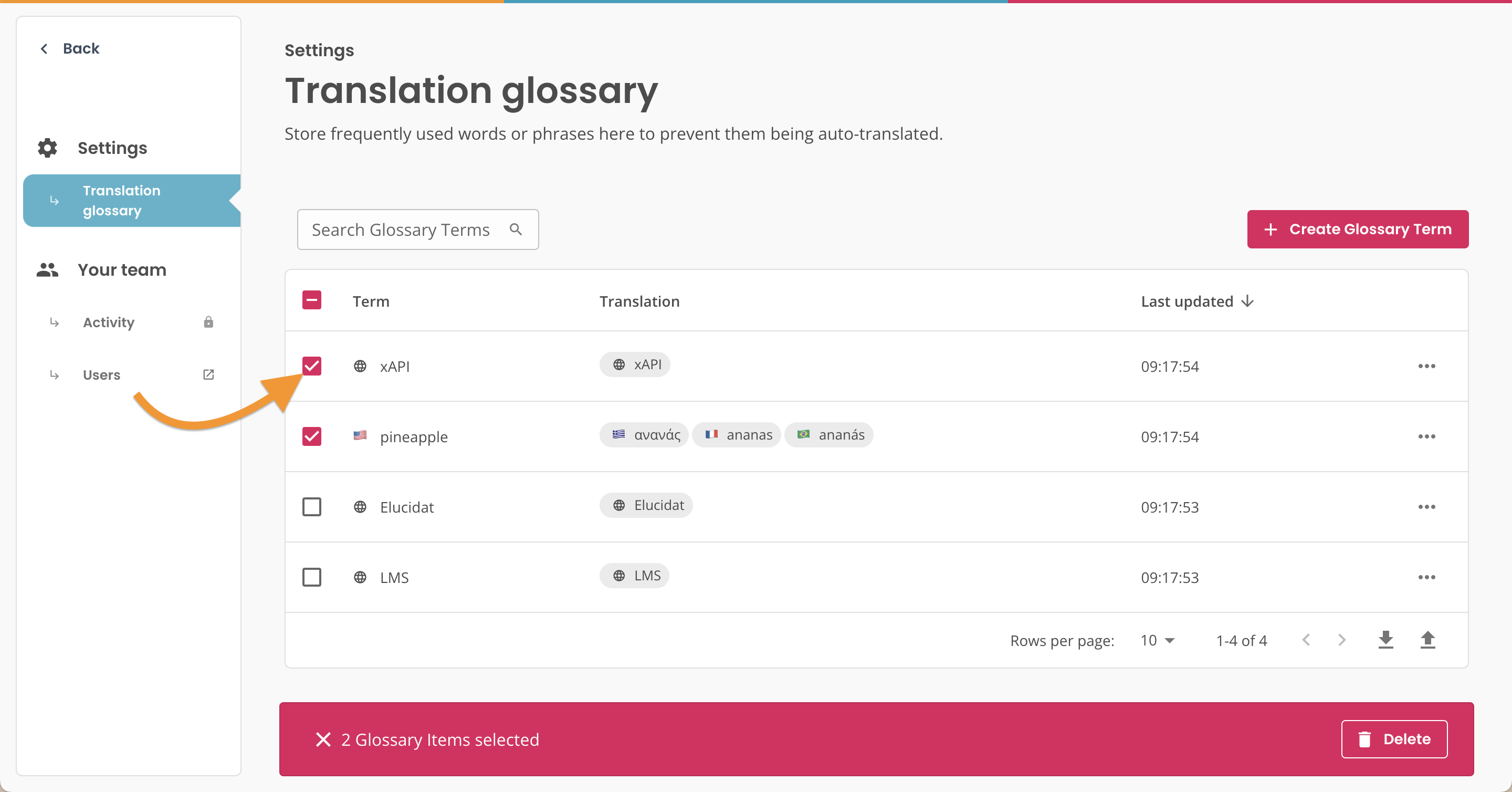 Translation glossary, multiple glossary items checked.png