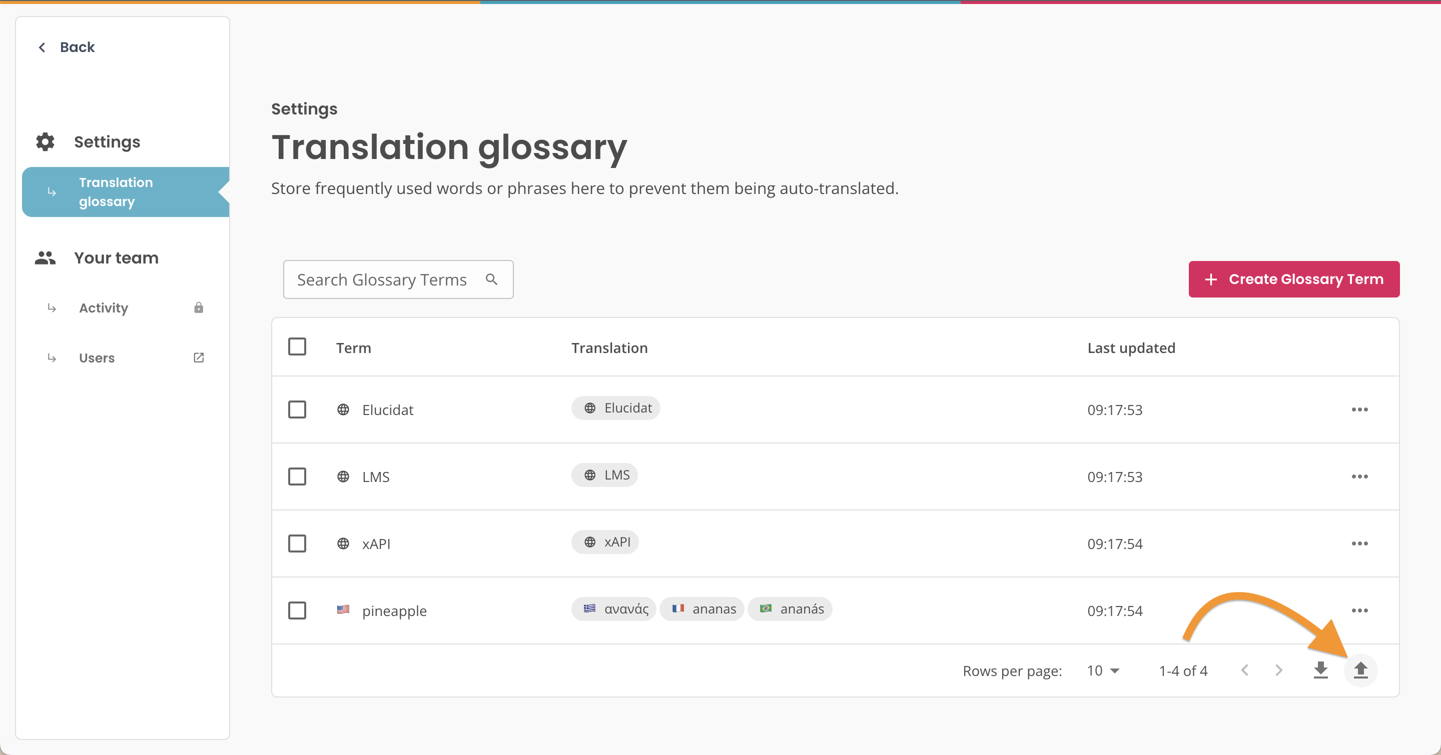 Translation Glossary, arrow pointing to glossary upload button.png