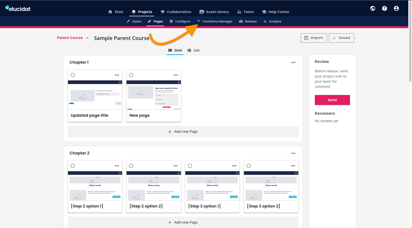 Author, Pages screen, toolbar, arrow to Variations Manager.png